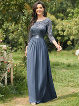 ever FAUN|See-Through Floor Length Lace Chiffon Evening Dress with Half Sleeve