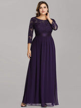 ever FAUN|See-Through Floor Length Lace Chiffon Evening Dress with Half Sleeve