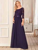 ever FAUN|See-Through Floor Length Lace Chiffon Evening Dress with Half Sleeve