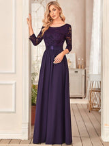 ever FAUN|See-Through Floor Length Lace Chiffon Evening Dress with Half Sleeve