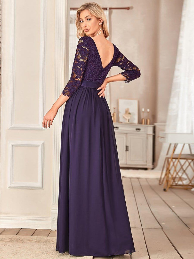 ever FAUN|See-Through Floor Length Lace Chiffon Evening Dress with Half Sleeve