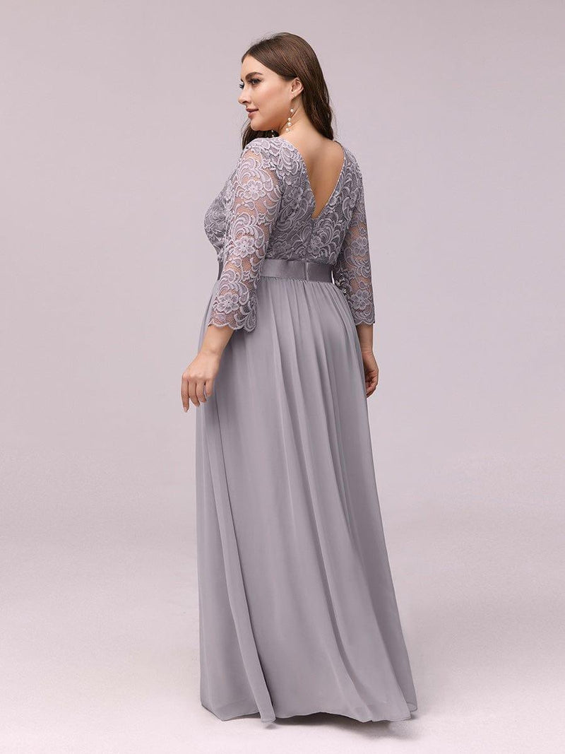 ever FAUN|See-Through Floor Length Lace Chiffon Evening Dress with Half Sleeve