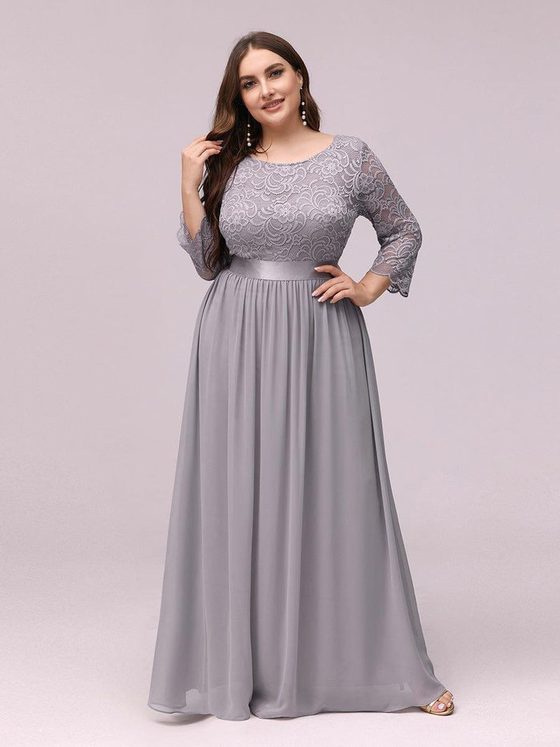 ever FAUN|See-Through Floor Length Lace Chiffon Evening Dress with Half Sleeve