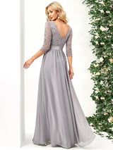 ever FAUN|See-Through Floor Length Lace Chiffon Evening Dress with Half Sleeve