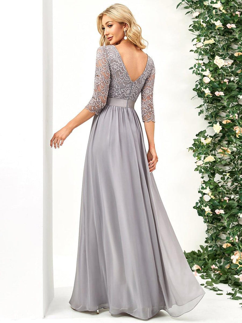 ever FAUN|See-Through Floor Length Lace Chiffon Evening Dress with Half Sleeve