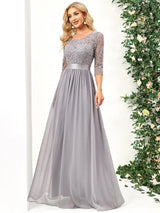 ever FAUN|See-Through Floor Length Lace Chiffon Evening Dress with Half Sleeve