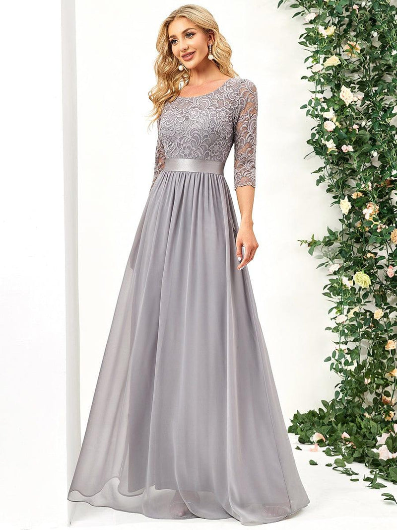ever FAUN|See-Through Floor Length Lace Chiffon Evening Dress with Half Sleeve