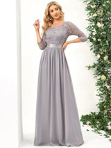ever FAUN|See-Through Floor Length Lace Chiffon Evening Dress with Half Sleeve