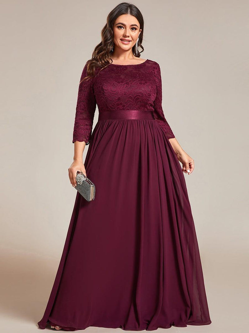 ever FAUN|See-Through Floor Length Lace Chiffon Evening Dress with Half Sleeve