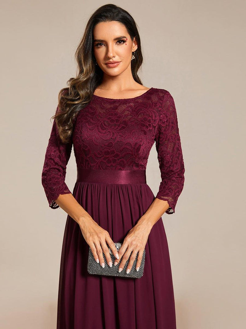 ever FAUN|See-Through Floor Length Lace Chiffon Evening Dress with Half Sleeve