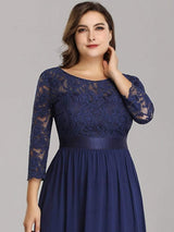 ever FAUN|See-Through Floor Length Lace Chiffon Evening Dress with Half Sleeve