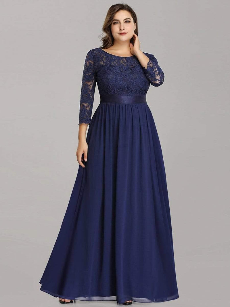 ever FAUN|See-Through Floor Length Lace Chiffon Evening Dress with Half Sleeve