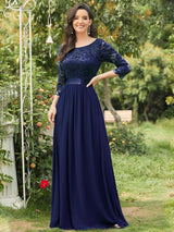 ever FAUN|See-Through Floor Length Lace Chiffon Evening Dress with Half Sleeve