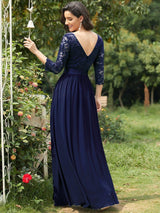 ever FAUN|See-Through Floor Length Lace Chiffon Evening Dress with Half Sleeve