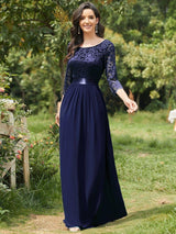ever FAUN|See-Through Floor Length Lace Chiffon Evening Dress with Half Sleeve