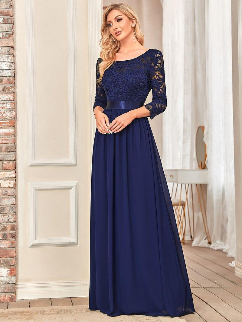 ever FAUN|See-Through Floor Length Lace Chiffon Evening Dress with Half Sleeve