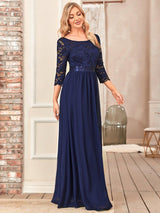 ever FAUN|See-Through Floor Length Lace Chiffon Evening Dress with Half Sleeve