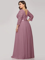 ever FAUN|See-Through Floor Length Lace Chiffon Evening Dress with Half Sleeve