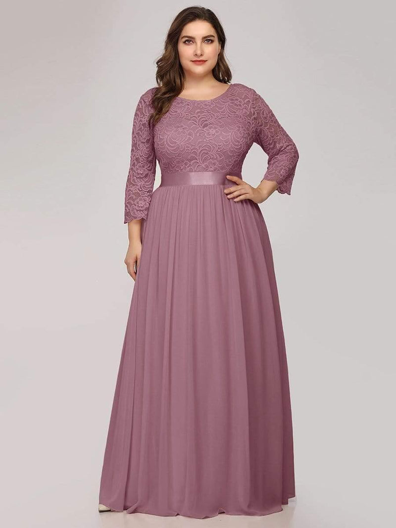 ever FAUN|See-Through Floor Length Lace Chiffon Evening Dress with Half Sleeve