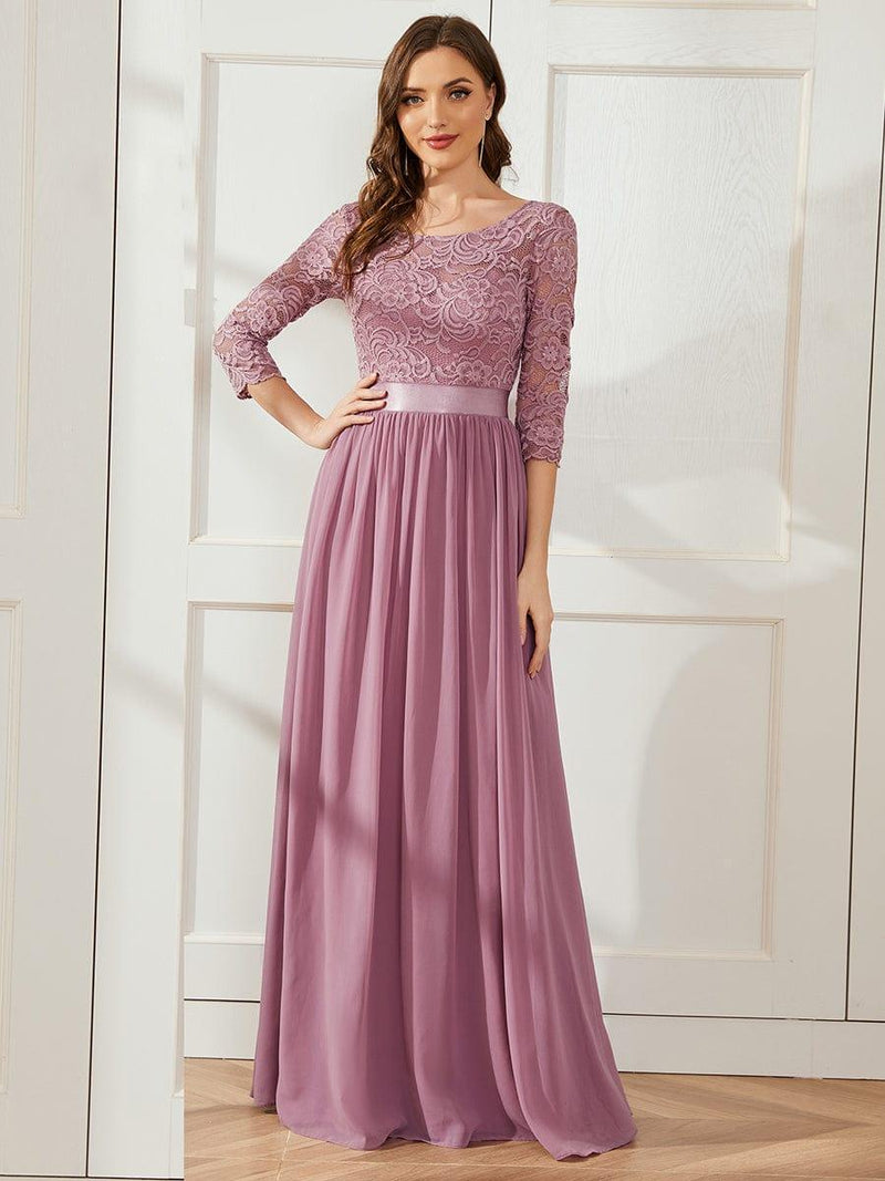 ever FAUN|See-Through Floor Length Lace Chiffon Evening Dress with Half Sleeve