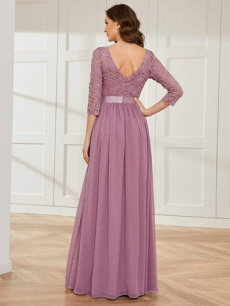 ever FAUN|See-Through Floor Length Lace Chiffon Evening Dress with Half Sleeve