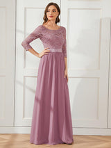 ever FAUN|See-Through Floor Length Lace Chiffon Evening Dress with Half Sleeve