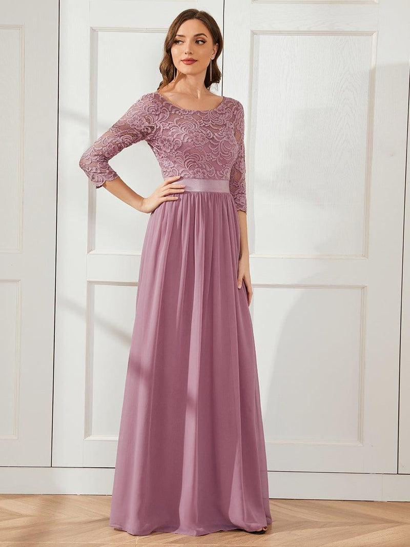 ever FAUN|See-Through Floor Length Lace Chiffon Evening Dress with Half Sleeve