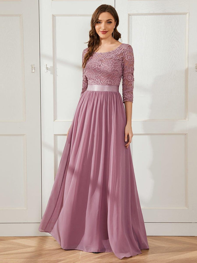 ever FAUN|See-Through Floor Length Lace Chiffon Evening Dress with Half Sleeve