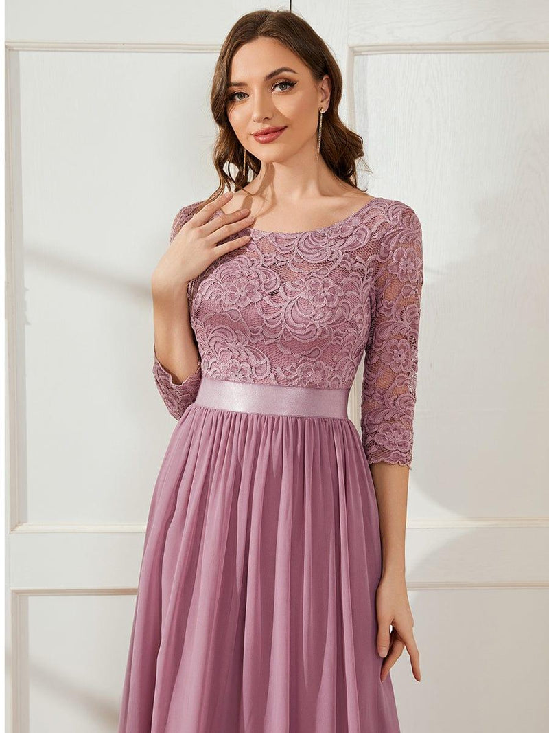 ever FAUN|See-Through Floor Length Lace Chiffon Evening Dress with Half Sleeve