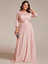 ever FAUN|See-Through Floor Length Lace Chiffon Evening Dress with Half Sleeve