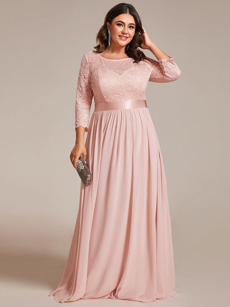 ever FAUN|See-Through Floor Length Lace Chiffon Evening Dress with Half Sleeve