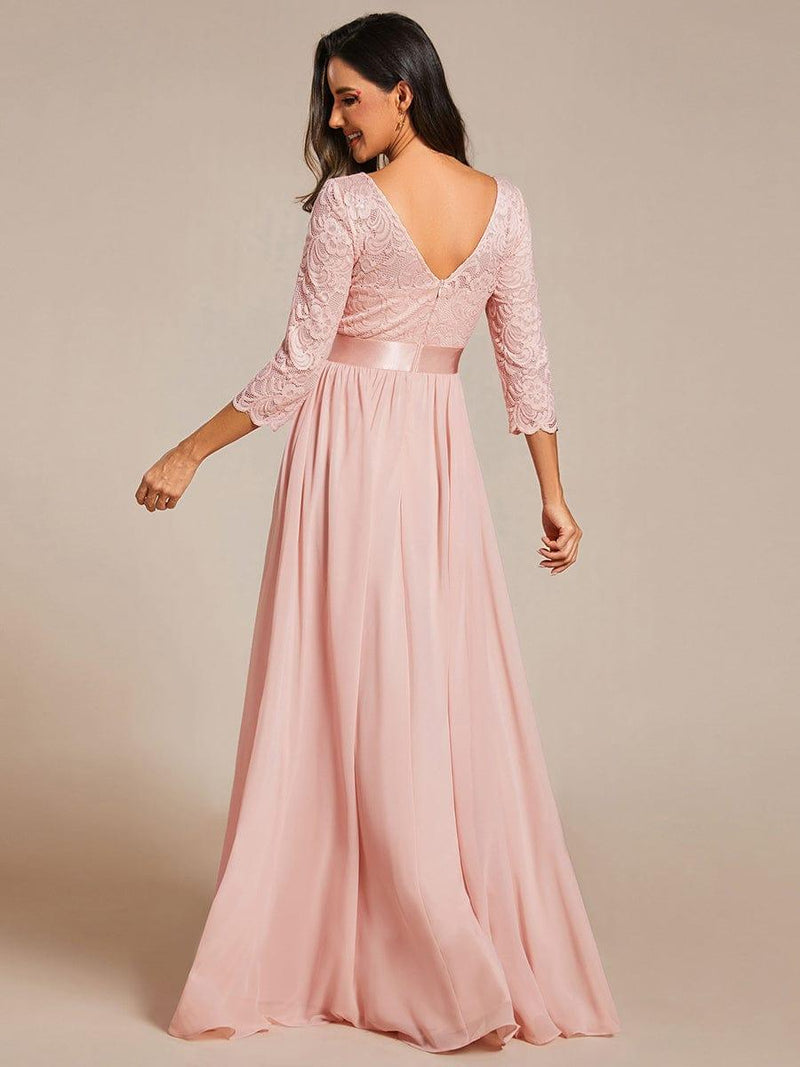 ever FAUN|See-Through Floor Length Lace Chiffon Evening Dress with Half Sleeve