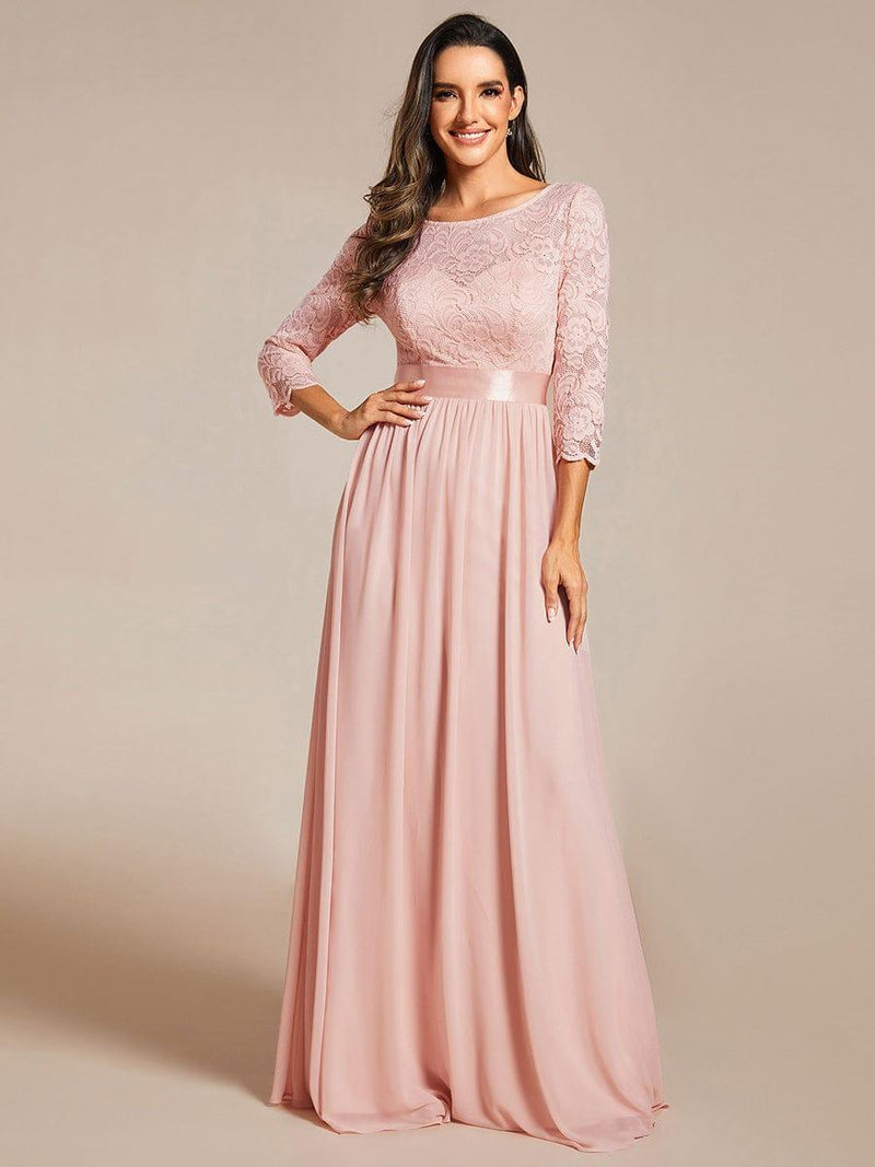 ever FAUN|See-Through Floor Length Lace Chiffon Evening Dress with Half Sleeve