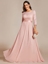 ever FAUN|See-Through Floor Length Lace Chiffon Evening Dress with Half Sleeve