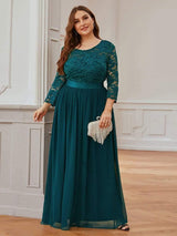ever FAUN|See-Through Floor Length Lace Chiffon Evening Dress with Half Sleeve