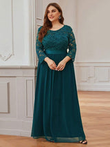 ever FAUN|See-Through Floor Length Lace Chiffon Evening Dress with Half Sleeve