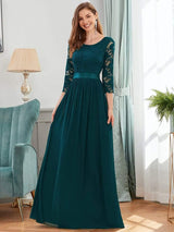 ever FAUN|See-Through Floor Length Lace Chiffon Evening Dress with Half Sleeve