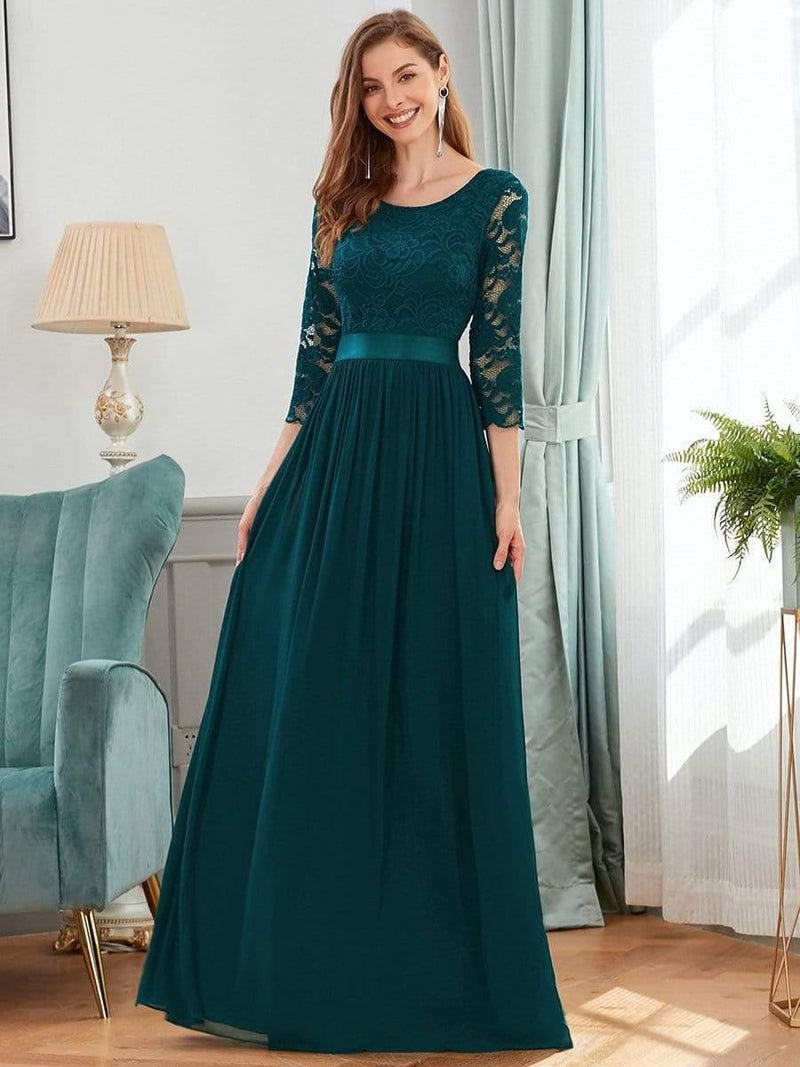 ever FAUN|See-Through Floor Length Lace Chiffon Evening Dress with Half Sleeve