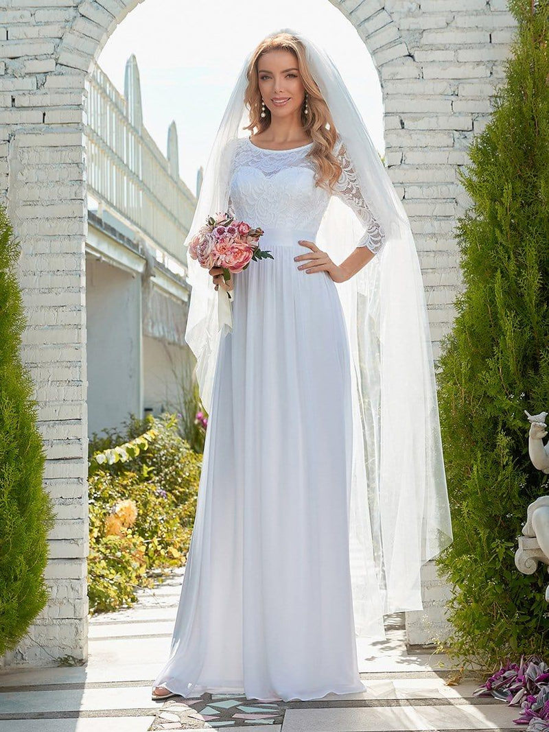 ever FAUN|See-Through Floor Length Lace Chiffon Evening Dress with Half Sleeve