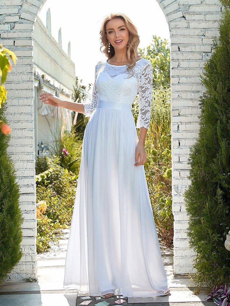 ever FAUN|See-Through Floor Length Lace Chiffon Evening Dress with Half Sleeve
