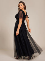 ever MISTE|Double V-Neck Floor-Length Short Sleeve Tulle Bridesmaid Dresses