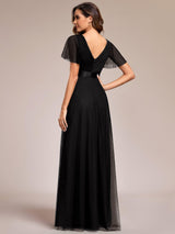 ever MISTE|Double V-Neck Floor-Length Short Sleeve Tulle Bridesmaid Dresses