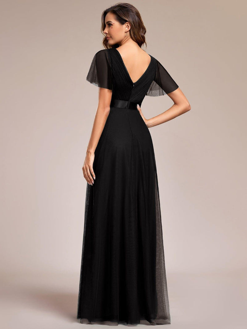 ever MISTE|Double V-Neck Floor-Length Short Sleeve Tulle Bridesmaid Dresses