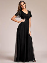 ever MISTE|Double V-Neck Floor-Length Short Sleeve Tulle Bridesmaid Dresses