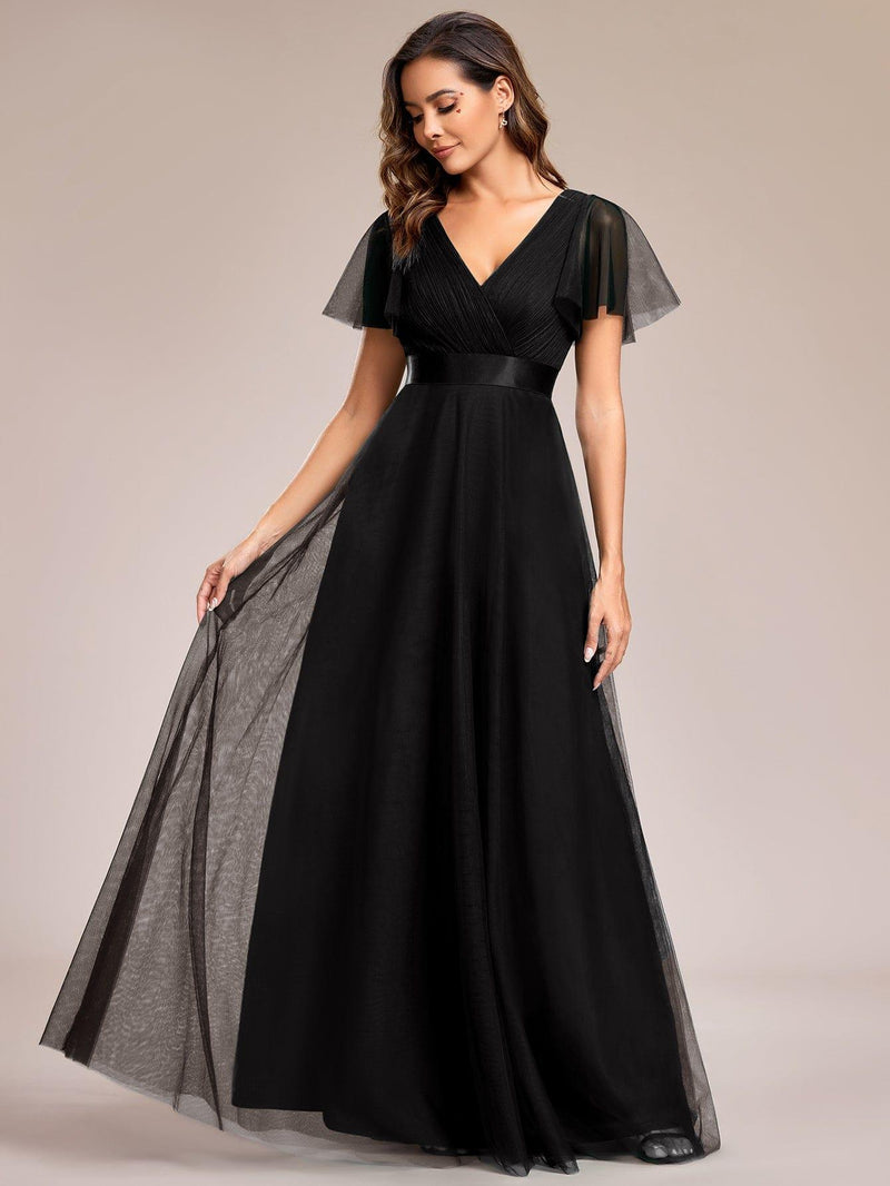 ever MISTE|Double V-Neck Floor-Length Short Sleeve Tulle Bridesmaid Dresses