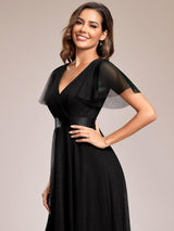 ever MISTE|Double V-Neck Floor-Length Short Sleeve Tulle Bridesmaid Dresses