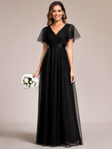ever MISTE|Double V-Neck Floor-Length Short Sleeve Tulle Bridesmaid Dresses