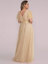 ever MISTE|Double V-Neck Floor-Length Short Sleeve Tulle Bridesmaid Dresses