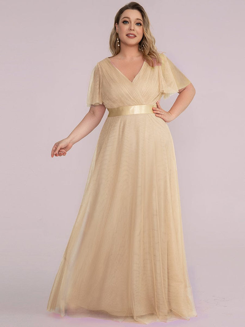 pretty MISTE|Women's Floor-Length Plus Size Formal Bridesmaid Dress with Short Sleeve