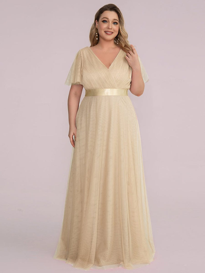 ever MISTE|Double V-Neck Floor-Length Short Sleeve Tulle Bridesmaid Dresses